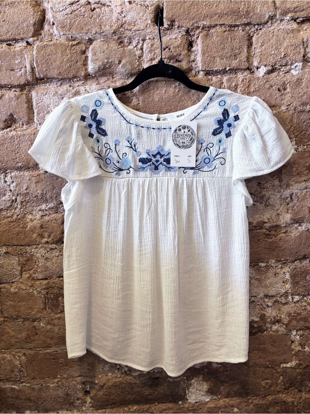 MINE White Cotton Flutter Sleeve Top with Blue Embroidered Yoke